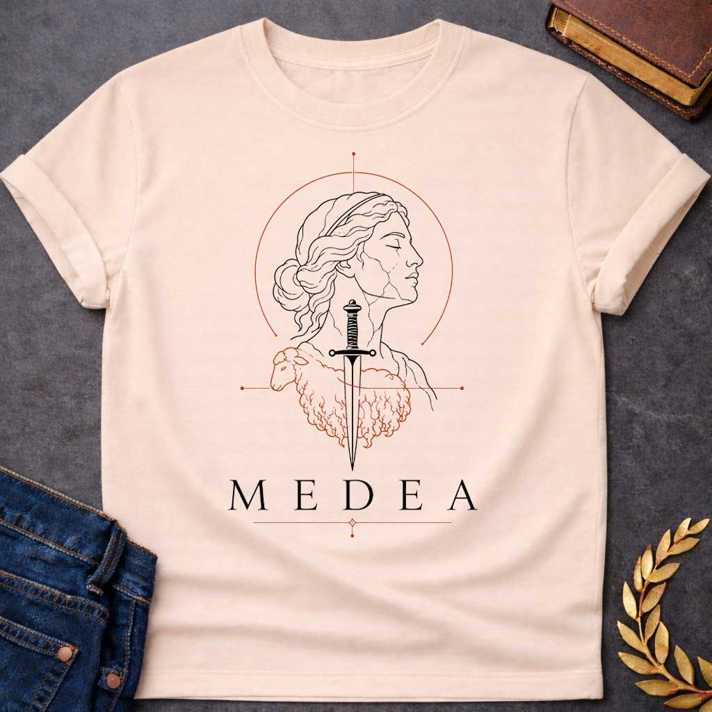 Natural T-shirt with a Minimalist line art portrait of Medea in classical profile with wavy hair. A black sword pierces through her head and neck. Red geometric elements form a crown above and a coiled dragon below, symbolizing her magical power and ancient lineage. Decorative line elements complete the occult aesthetic. Text reads 'Medea' below. Stark black and red design celebrates the legendary Greek sorceress's complexity—beauty, power, and dangerous knowledge intertwined.