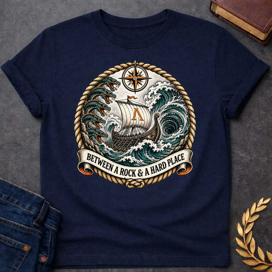 Navy t-shirt in nautical tattoo style, referencing Scylla and Charybdis: a Greek ship with an eye-painted hull and Lambda-marked sail sails between six-headed serpent Scylla and a swirling whirlpool. A compass rose sits above, with the design bordered by twisted rope and a ribbon banner reading the title below.