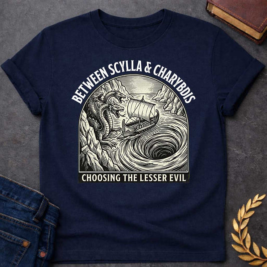Navy t-shirt in a vintage woodcut-style, Inside an arched badge, an ancient Greek ship sails narrowly between a multi-headed sea monster on rocky cliffs and a massive, swirling whirlpool. Bold arched text above reads "BETWEEN SCYLLA & CHARYBDIS", while a banner along the bottom displays the phrase "CHOOSING THE LESSER EVIL" in a clean, sans-serif font.
