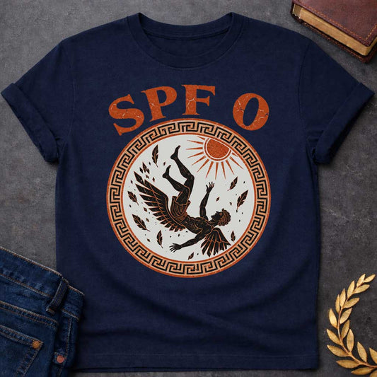 Navy t-shirt with a distressed ancient Greek pottery-style graphic. Inside a circular terracotta frame with a black meander key border, a black-figure illustration depicts Icarus falling from the sky as feathers detach from his wings below a shining terracotta sun. Arched above the circular emblem, bold, distressed orange text humorously reads "SPF 0".