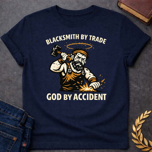 Hephaestus Blacksmith By Trade God By Accident Greek Mythology Youth T-Shirt featuring blacksmith hammer, forge sparks, fire god symbolism in industrial mythology design
