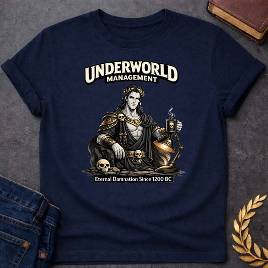 Hades Underworld Management Greek Mythology Adult T-Shirt featuring underworld king, skull motifs, dark Greek mythology design