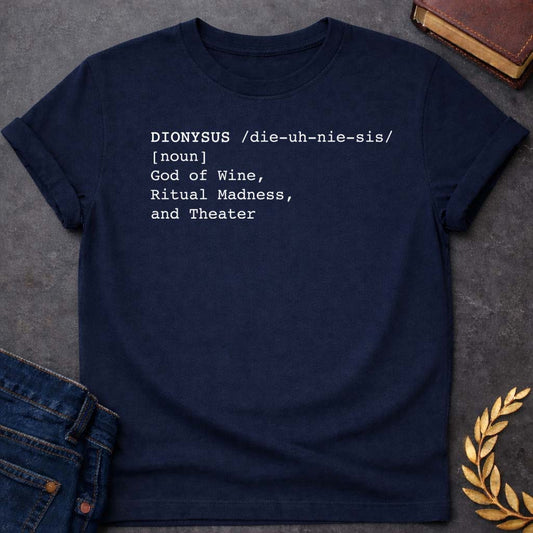 Dionysus Dictionary Definition Greek Mythology Youth T-Shirt featuring detailed Greek mythology artwork, symbolic design, and bold graphic style