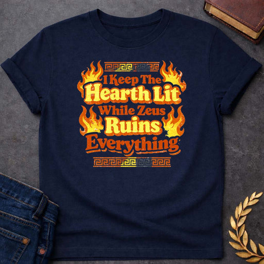 Hestia I Keep the Hearth Lit Greek Mythology Youth T-Shirt featuring detailed Greek mythology artwork, symbolic design, and bold graphic style