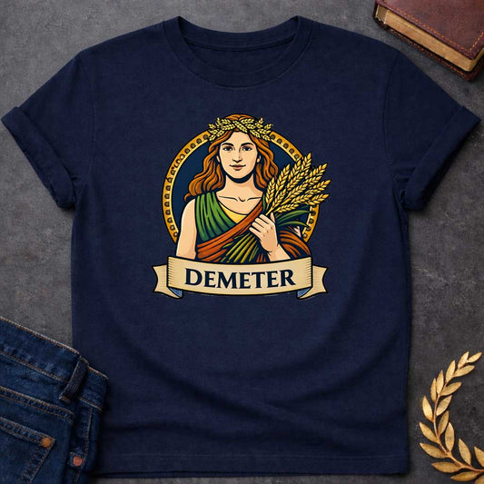 Navy T-shirt graphic featuring a vibrant illustrated portrait of Demeter, the Greek Goddess of the Harvest, with long wavy red hair and a golden wheat wreath crown, wearing a layered green, orange, and yellow draped robe, holding a bundle of golden wheat stalks. She is framed within a gold circular border against a navy background, with a scroll banner below reading "Demeter," in a bold tattoo-inspired style with navy, gold, and earth tones