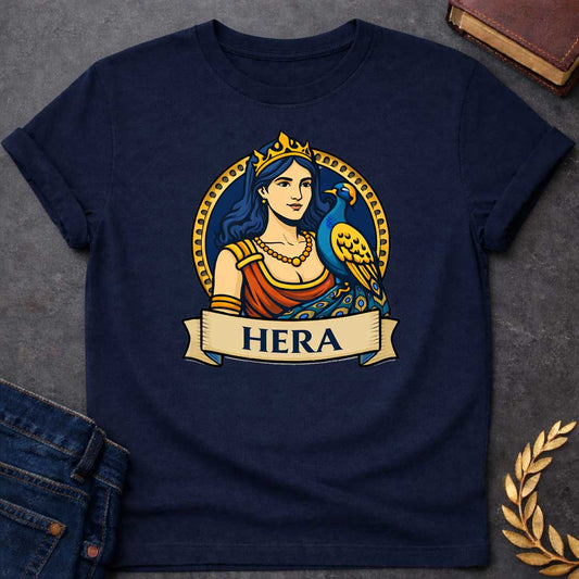 Navy T-shirt graphic featuring a vibrant illustrated portrait of Hera, the Greek Queen of the Gods, with long dark blue wavy hair and a gold crown, wearing a red draped robe with gold arm bands and a gold beaded necklace, with a blue and gold peacock perched at her side displaying its ornate tail feathers. She is framed within a gold circular border against a navy background, with a scroll banner below reading "Hera," in a bold tattoo-inspired style with navy, gold, and red tones