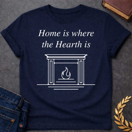 Navy T-shirt graphic in white featuring elegant italic serif text reading "Home is where the Hearth is" above a clean minimal line-art illustration of a fireplace mantel with a flame burning inside — a wordplay pun referencing Hestia, the Greek Goddess of the Hearth