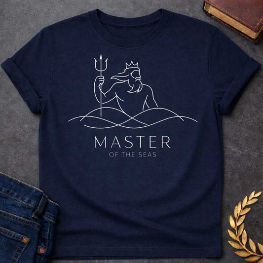 Navy T-shirt graphic in white text featuring an elegant single-line art illustration of Poseidon wearing a crown, rising from stylized ocean waves while holding a trident, with refined spaced uppercase text below reading "MASTER" and smaller white text underneath reading "OF THE SEAS" — referencing Poseidon, the Greek God of the Sea, in a modern minimalist style