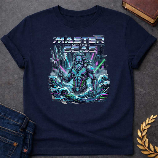 Navy T-shirt graphic featuring a cyberpunk reimagining of Poseidon, the Greek God of the Sea, depicted as a powerful bearded figure in glowing neon-lit futuristic armor with circuit board detailing, wielding a high-tech trident, rising from crashing waves against a dark dystopian cityscape backdrop with glitch effects and pixel artifacts. Bold chrome holographic text arched above reads "Master of the Seas" in a retro-futuristic font, rendered in neon teal, purple, and green tones,