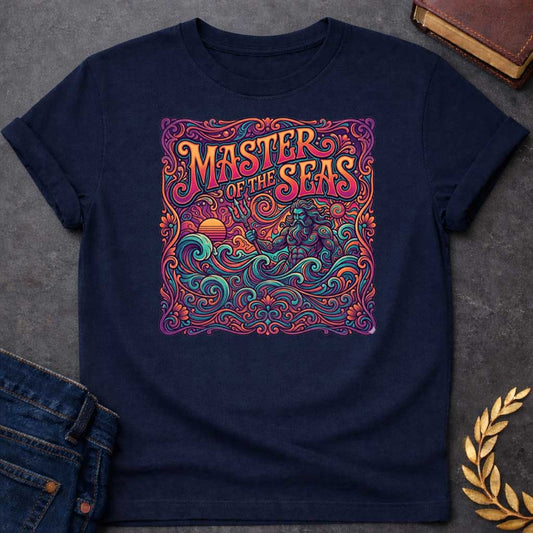 Navy T-shirt graphic featuring a vibrant psychedelic 1970s-inspired illustration of Poseidon, the Greek God of the Sea, rising from swirling ornate waves while holding a trident, with a retro sunset on the left, all enclosed in an intricate decorative scrollwork and floral border. Bold groovy hand-lettered text arched across the top reads "Master of the Seas" in orange and teal, rendered in a rich kaleidoscopic palette of teal, orange, purple, and pink