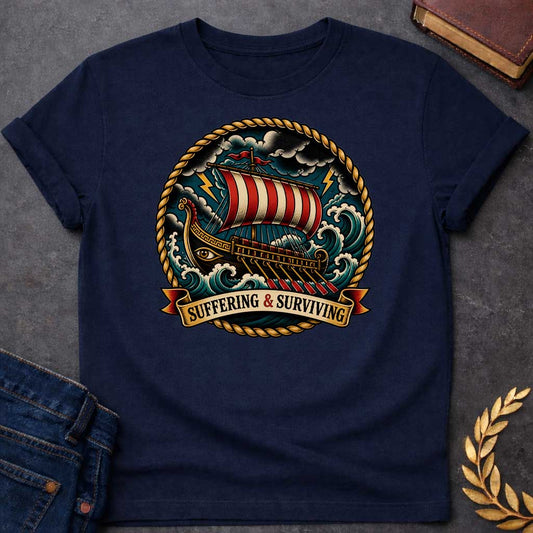 Navy T-Shirt with a traditional tattoo-style illustration of a Greek warship battling through a storm at sea, enclosed in a circular rope border. The vessel features an eye on its dark hull, red and cream striped sail, and multiple oars. The ship navigates turbulent teal waves under stormy skies with yellow lightning bolts. A ribbon banner reads 'SUFFERING & SURVIVING.' Rendered in bold vintage tattoo aesthetic with deep teals, reds, golds, and blacks, emphasizing perseverance through adversity.