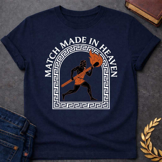 Navy T-shirt with A graphic in an ancient Greek Black-Figure pottery style featuring Prometheus running while carrying a massive, burning match stick. He is depicted in black silhouette with terracotta-orange details on his tunic and the flame. The figure is framed by a white Greek key meander arch. Above the design, the pun "MATCH MADE IN HEAVEN" is written in an arched, bold white serif font.