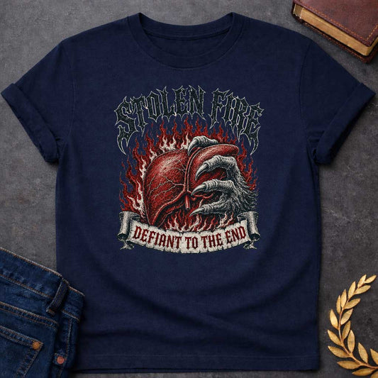 Navy T-shirt with a heavy metal style graphic referencing Prometheus. It features a detailed, anatomical human liver gripped tightly by a large, feathered eagle claw, set against a background of roaring red flames. At the top, the words "STOLEN FIRE" are written in a jagged, distressed black metal font. A weathered scroll banner across the bottom reads "DEFIANT TO THE END" in a sharp, red gothic typeface.