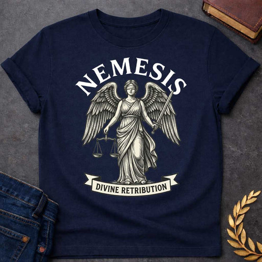 Navy T-shirt with a Classical engraving-style illustration of Nemesis, the Greek goddess of divine retribution, depicted as a winged female figure in flowing robes. She holds balanced scales of justice in one hand and a sword in the other, symbolizing fair judgment and punishment. Her eyes are blindfolded. Bold text 'NEMESIS' curves above her head, with 'DIVINE RETRIBUTION' on a banner below. Black and cream line art style. References the goddess who ensures justice and punishes hubris.