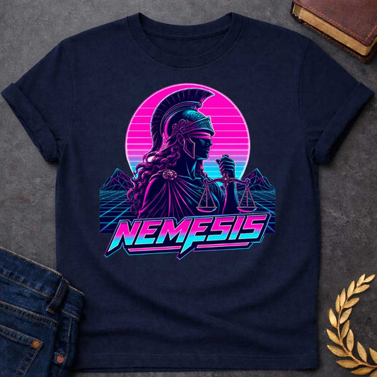 Navy T-shirt with a vaporwave-style retro illustration of Nemesis, the Greek goddess of divine retribution, rendered in neon magenta, cyan, and purple. She wears a crested Corinthian helmet and flowing robes, holding scales of justice. Behind her, a geometric sun with horizontal gradient stripes in pink and blue. Stylized mountains and grid landscape below. Bold neon text reads 'NEMESIS' in futuristic lettering. 1980s synthwave aesthetic celebrating the goddess of balance and justice.