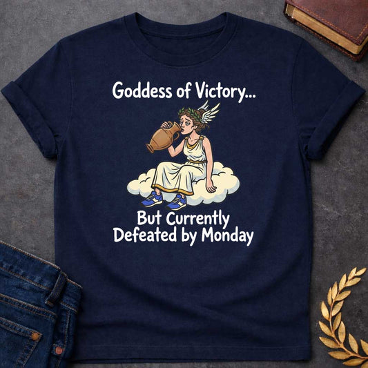 Navy T-shirt with a humorous cartoon of Nike, the Greek goddess of victory, sitting exhausted on a cloud. She wears a cream chiton with gold trim and laurel wreath, holding a large victory amphora. Modern blue sneakers provide comedic contrast. Text reads 'Goddess of Victory...' above and 'But Currently Defeated by Monday' below. Blends classical Greek mythology with relatable modern humor about Monday exhaustion and weekly workplace struggles.