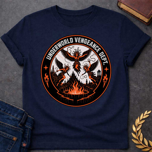 Navy T-shirt with an Official seal for the 'Underworld Vengeance Department,' a parody blending Greek mythology with government bureaucracy. Three winged Furies with serpent hair occupy the center in orange and black. A dark gothic underworld landscape with towers sprawls below. Large flaming torches frame the design. Four-pointed stars accent the circular seal border. Black, orange, and cream colors create an official emblem celebrating divine vengeance as institutional authority.