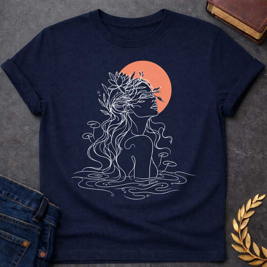 Navy T-shirt with a minimalist, single-line art illustration of a water nymph. The design features the profile of a woman emerging from a stylized pond, with flowing hair adorned with water lilies and aquatic plants. The sun is represented by a solid, warm terracotta circle behind her head. The graphic uses fine white lines on a clean background, creating a serene, modern, and nature-inspired aesthetic