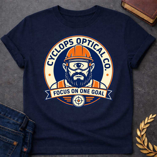 Navy T-shirt with a Professional emblem of Cyclops Optical Co. featuring a bearded cyclops construction worker wearing an orange hard hat and safety goggles. The single large eye peers forward with focused intensity. The character wears an orange and navy safety vest. Text reads 'Cyclops Optical Co.' around the rim and 'Focus on One Goal' on a banner below. A crosshair with wings anchors the bottom. Navy, orange, and cream color scheme. Clever pun blending mythology with workplace safety culture.