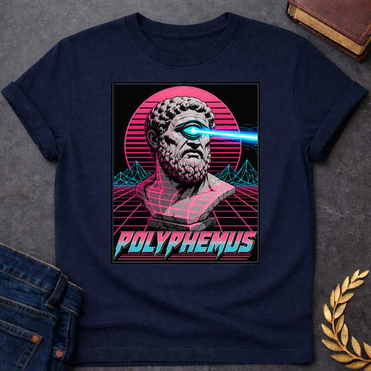 Navy T-shirt with a Vaporwave-style illustration of Polyphemus, the Cyclops from Greek mythology. A classical bust with curly beard displays a single large eye shooting a bright cyan laser beam. Magenta and cyan neon color palette with horizontal scan lines. Geometric wireframe mountains and grid floor pattern create a retro digital landscape. Pink sun rises behind the figure. Text reads 'POLYPHEMUS' in stylized magenta and cyan lettering. Blends classical mythology with synthwave aesthetic.