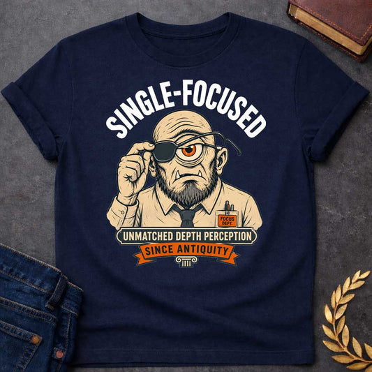 Navy T-shirt with a Humorous professional portrait of a bearded cyclops wearing an eye patch over his single orange eye. He sports a tan suit jacket, dark tie, and "Focus Dept." badge. Text reads "Single-Focused" above and "Unmatched Depth Perception Since Antiquity" below. A classical column anchors the design. Cleverly blends Greek mythology with modern workplace culture, celebrating singular focus, professional dedication, and the mythological advantage of single-eyed perception.