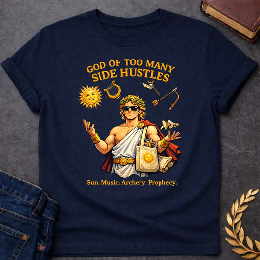 Apollo God of Too Many Side Hustles Greek Mythology Youth T-Shirt featuring detailed Greek mythology artwork, symbolic design, and bold graphic style