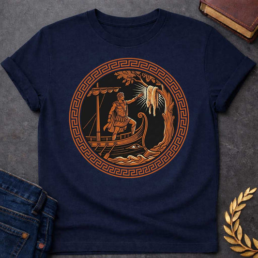 Navy T-shirt with An ancient Greek pottery-style emblem t-shirt design. Inside a prominent terracotta circular frame featuring a classic meander key pattern, a black-figure style illustration depicts a muscular hero standing on the prow of a wooden ship. He reaches a hand out toward the glowing Golden Fleece hanging from a nearby tree branch, rendered in a bold black, white, and terracotta palette.
