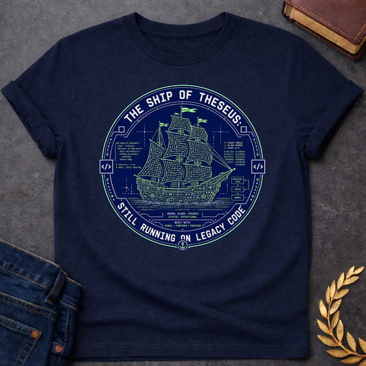 Navy T-shirt with A Techno-philosophical badge featuring the mythological Ship of Theseus rendered as a circuit board schematic in neon green and navy blue. Classical sailing vessel integrated with computer code, binary, and technical diagrams. Text reads 'The Ship of Theseus Still Running on Legacy Code.' Code snippets reference the philosophical paradox. Bottom states 'Built with: COBOL, FORTRAN, Prayers.' Clever design merges ancient Greek philosophy with software engineering humor and technical debt com