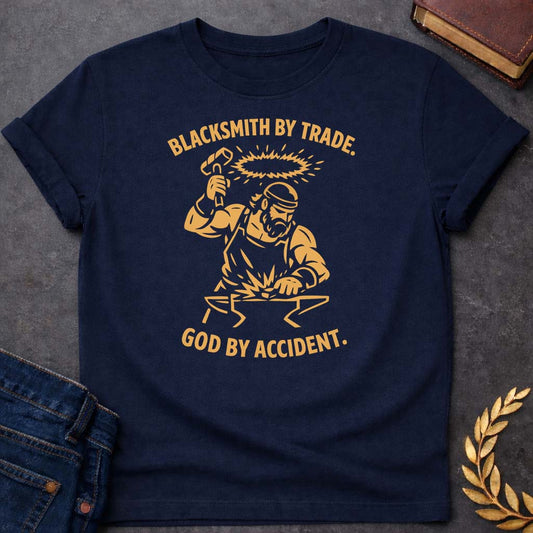 Hephaestus Blacksmith By Trade God By Accident Greek Mythology Youth T-Shirt featuring blacksmith hammer, forge sparks, fire god symbolism in industrial mythology design