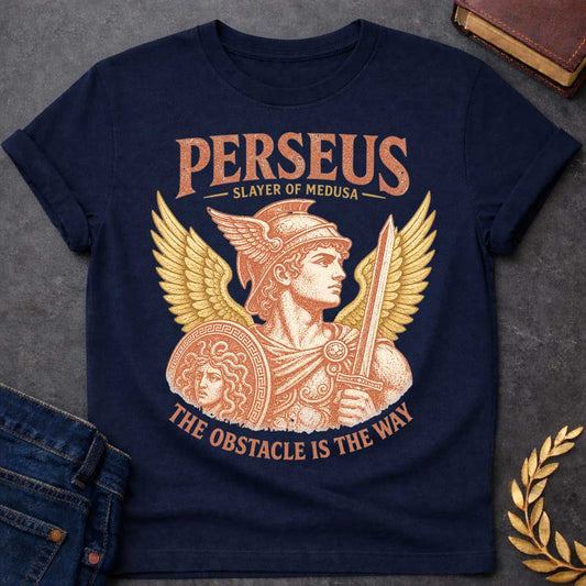 Navy t-shirt with a Vintage Perseus Greek mythology design featuring the heroic slayer of Medusa wearing a winged helmet and holding a sword and shield decorated with Medusa’s head. Golden wings frame the distressed terracotta illustration with the text “Perseus,” “Slayer of Medusa,” and “The Obstacle Is the Way.”