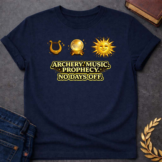 Apollo Archery Music Prophecy No Days Off Greek Mythology Youth T-Shirt featuring detailed Greek mythology artwork, symbolic design, and bold graphic style