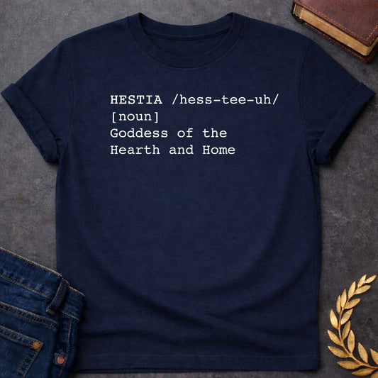Hestia Dictionary Definition Greek Mythology Youth T-Shirt featuring detailed Greek mythology artwork, symbolic design, and bold graphic style
