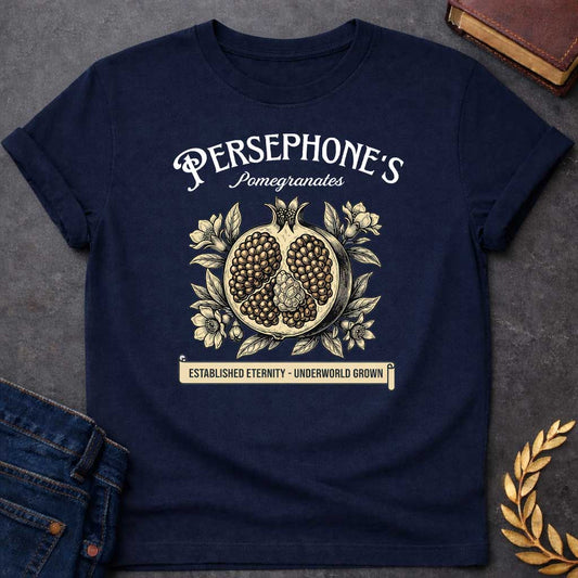 Persephone Pomegranates Greek Mythology Youth Shirt featuring pomegranate, underworld queen symbolism in dark floral mythology design