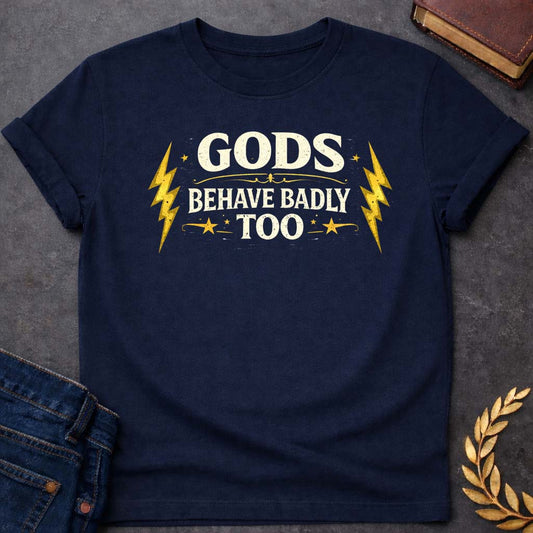 Zeus Gods Behave Badly Too Greek Mythology Youth T-Shirt featuring lightning bolt, sky god power symbolism in bold Greek mythology design