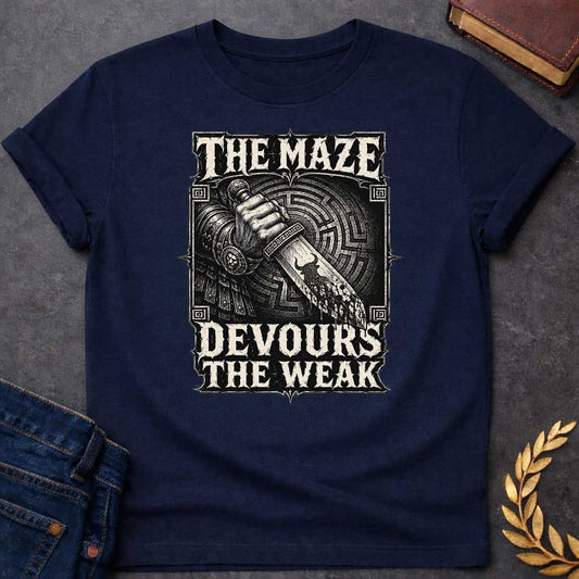 Navy T-shirt with A Heavy metal aesthetic featuring a muscular clenched fist gripping a bloodstained sword pointing downward through concentric circular maze patterns in the background. Black and white engraving style with ornate decorative border and Greek key patterns in corners. Text reads 'The Maze Devours The Weak' in aggressive metal lettering. Merges Greek labyrinth mythology with dark warrior imagery, celebrating brutal power and survival of the strong.