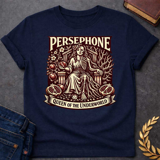 Persephone Queen of the Underworld Greek Mythology Youth Shirt featuring pomegranate, underworld queen symbolism in dark floral mythology design
