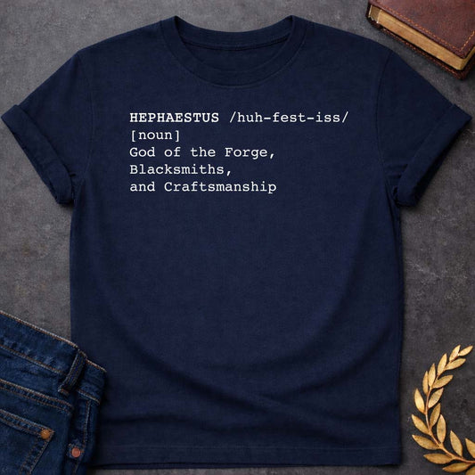 Hephaestus Dictionary Definition Greek Mythology Youth T-Shirt featuring blacksmith hammer, forge sparks, fire god symbolism in industrial mythology design