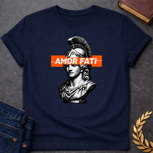athena amor fati greek mythology adult t shirt featuring owl, laurel wreath, wisdom symbolism in vintage Greek mythology design