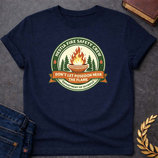 Hestia Fire Safety Crew Greek Mythology Youth T-Shirt featuring detailed Greek mythology artwork, symbolic design, and bold graphic style