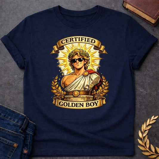 Apollo Certified Golden Boy Greek Mythology Youth T-Shirt featuring detailed Greek mythology artwork, symbolic design, and bold graphic style