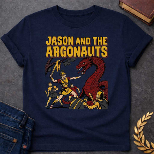 Navy T-shirt with A retro comic book style t-shirt design. Bold yellow pop-art text at the top reads "JASON AND THE ARGONAUTS". Below, a Greek warrior in armor raises a sword near the Golden Fleece hanging from a tree branch, pointing toward a giant, snarling red dragon. Three fellow Argonauts surround the beast with swords drawn, featuring classic comic ben-day dot shading and thick black outlines