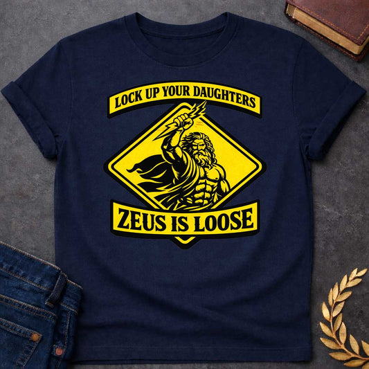 zeus lock up your daughters greek mythology adult t shirt featuring lightning bolt, sky god power symbolism in bold Greek mythology design