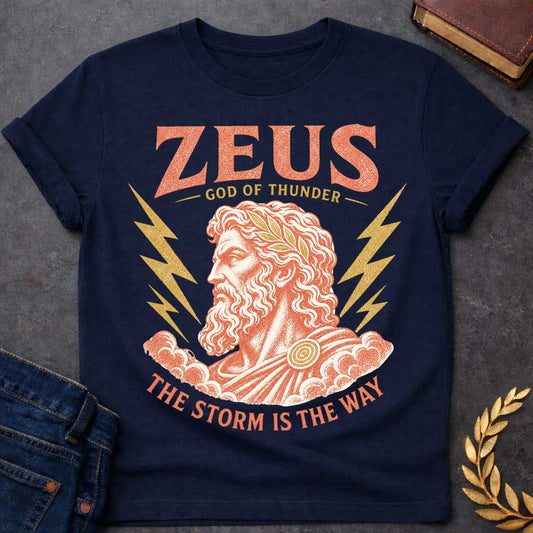 Navy t-shirt with a Vintage Zeus Greek mythology design featuring the bearded god of thunder wearing a golden laurel crown, surrounded by lightning bolts and storm clouds. Distressed terracotta and gold artwork includes the text “Zeus,” “God of Thunder,” and “The Storm Is the Way,”