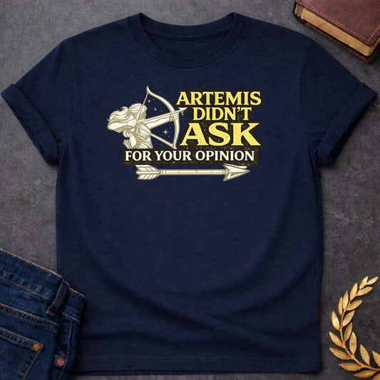 Artemis Didn't Ask For Your Opinion Greek Mythology Youth T-Shirt featuring detailed Greek mythology artwork, symbolic design, and bold graphic style