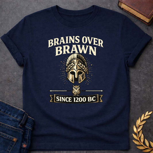 Athena Brains Over Brawn Greek Mythology Adult T-Shirt featuring owl, laurel wreath, wisdom symbolism in vintage Greek mythology design