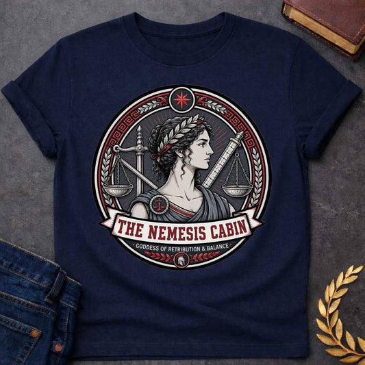 Navy Nemesis Greek mythology cabin design featuring the goddess of retribution and balance in a detailed circular emblem. She wears a laurel crown and is surrounded by balanced scales, a sword, measuring rod, Greek key patterns, and red accents. Text reads “The Nemesis Cabin” and “Goddess of Retribution & Balance,”