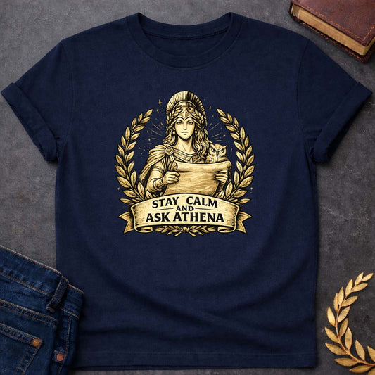 Athena Stay Calm and Ask Athena Greek Mythology Youth T-Shirt featuring owl, laurel wreath, wisdom symbolism in vintage Greek mythology design