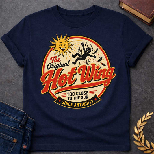 Navy t-shirt with a retro diner-style graphic. Inside a circular badge, a smiling sun character beams as a black stick-figure of Icarus falls with burning feathers. Bold red script text across the center reads "The Original Hot Wing", flanked by additional text reading "TOO CLOSE TO THE SUN" and a bottom banner that reads "SINCE ANTIQUITY" in a vintage food-brand aesthetic.