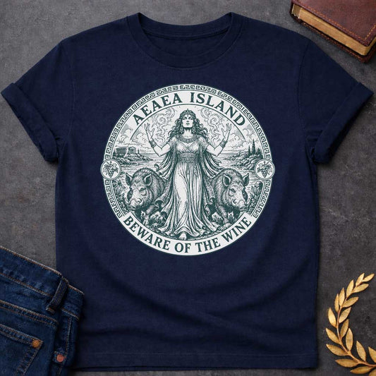 Navy T-shirt with a Classical engraving-style illustration of Circe, the Greek goddess of magic, commanding her island of Aeaea with raised arms and mystical power. She wears an ornate crown and flowing draped robes adorned with jewelry. Two human-headed pigs flank her, representing men transformed through her enchanted wine. Grape vines with fruit surround the mystical coastal scene. Greek key pattern border in teal frames the circular composition. Text reads 'Aeaea Island' and 'Beware of the Wine.' Celebr