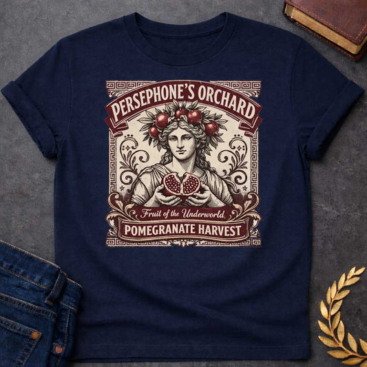 Persephone Orchard Pomegranate Harvest Greek Mythology Adult Shirt featuring pomegranate, underworld queen symbolism in dark floral mythology design
